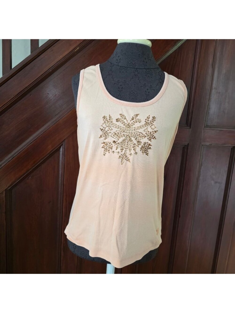 Oleg Cassini Sport Peach Tank Top With Gold Sequin Embellishment Womens Size L